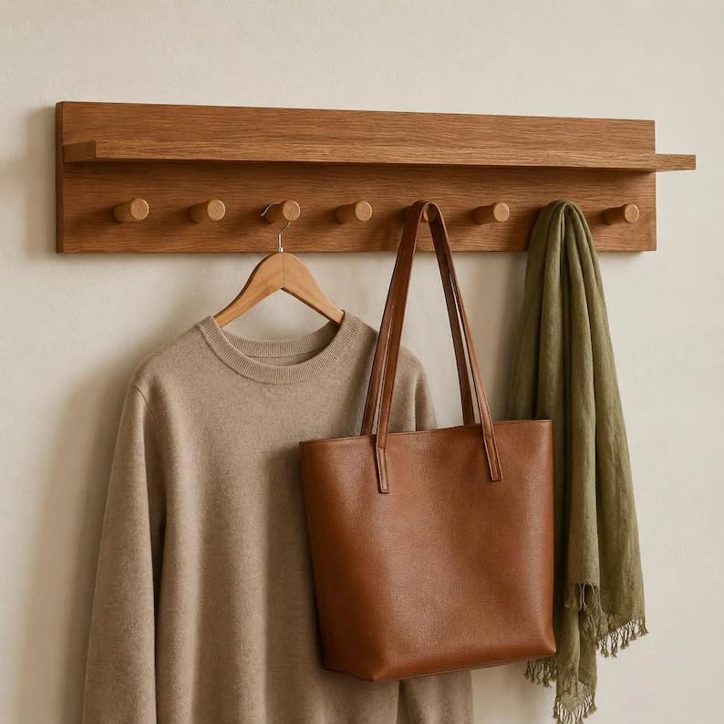 Rustic Wall-Mounted Coat Rack with Shelf & Hooks