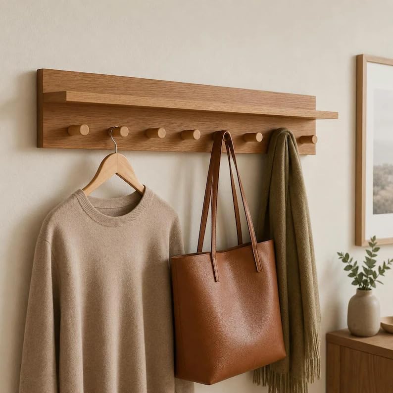 Rustic Wall-Mounted Coat Rack with Shelf & Hooks