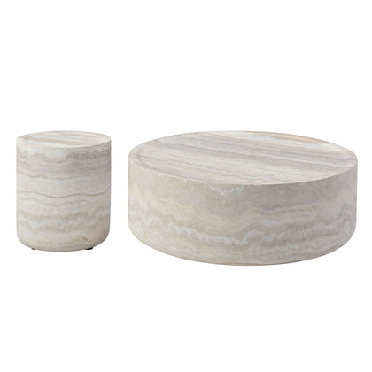Set of 2 Faux Travertine Round Coffee & Side Tables