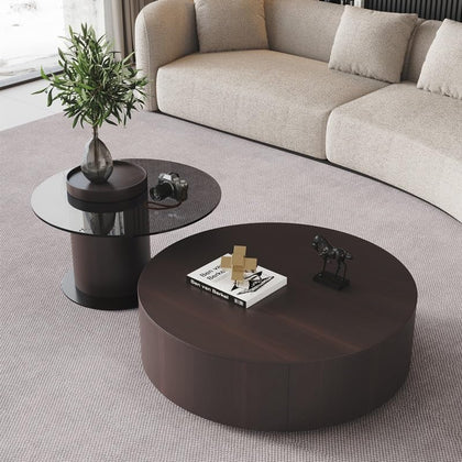 Solid Wood Coffee Table Set with Tempered Glass Top & Side Table