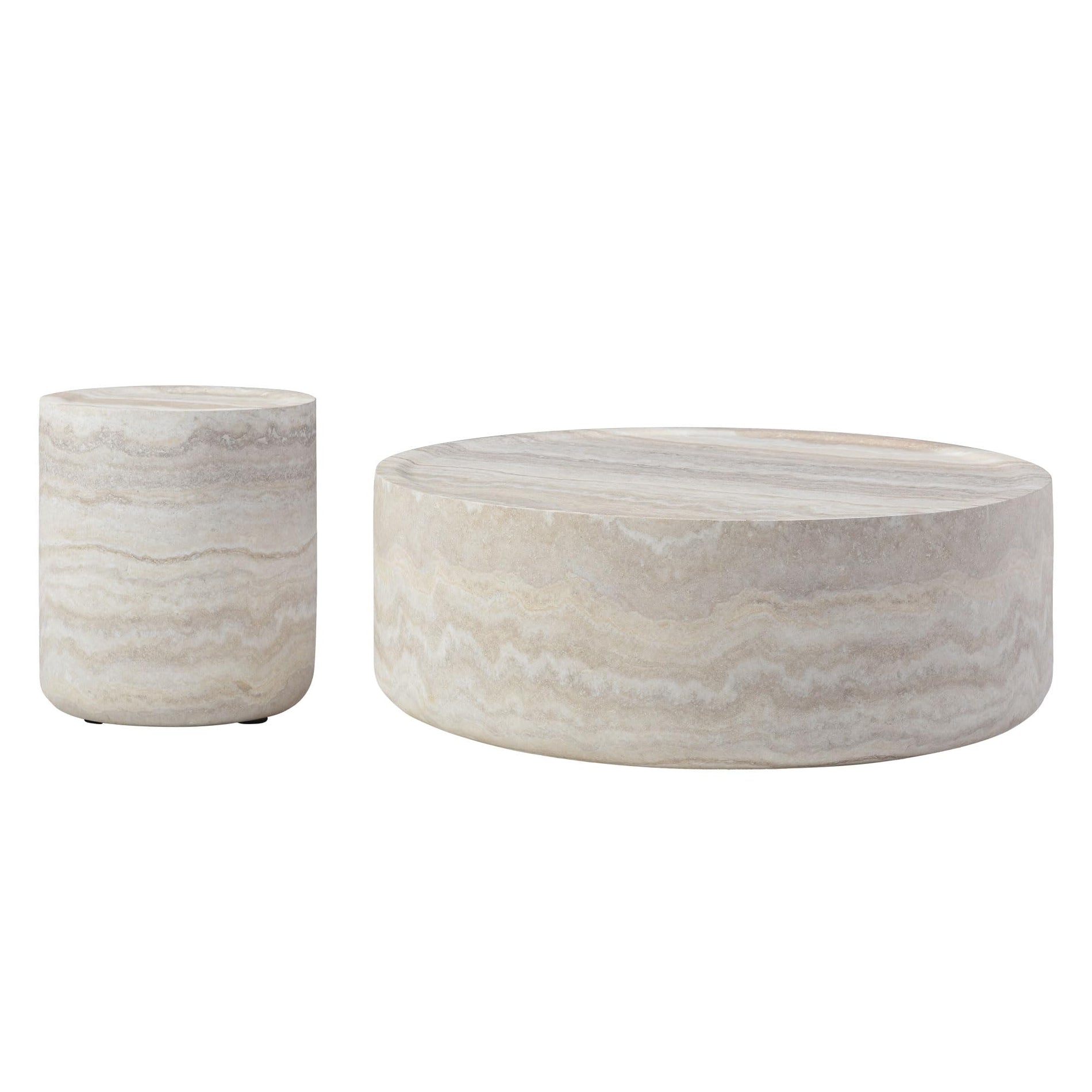 Set of 2 Faux Travertine Round Coffee & Side Tables