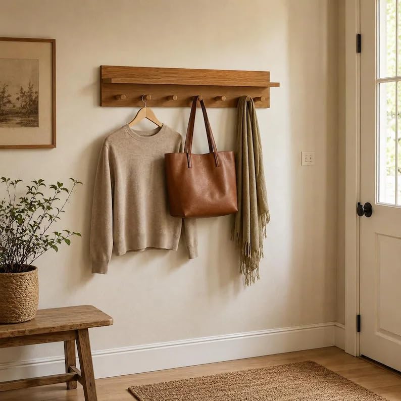 Rustic Wall-Mounted Coat Rack with Shelf & Hooks