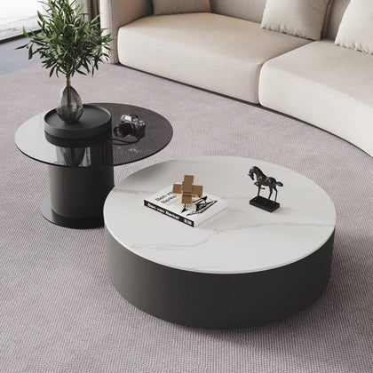 Solid Wood Coffee Table Set with Tempered Glass Top & Side Table