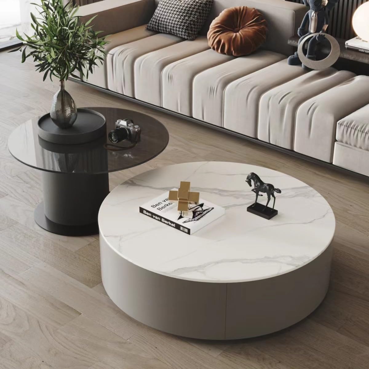 Solid Wood Coffee Table Set with Tempered Glass Top & Side Table