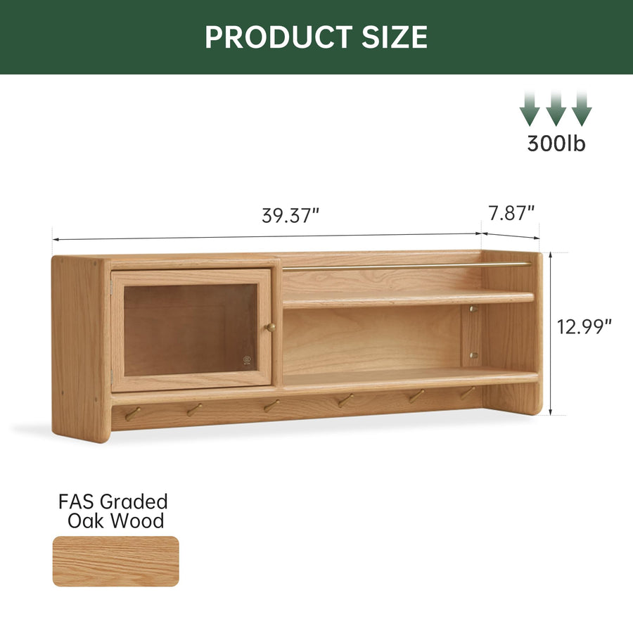 Solid Wood Wall Cabinet with Glass Doors & Hooks