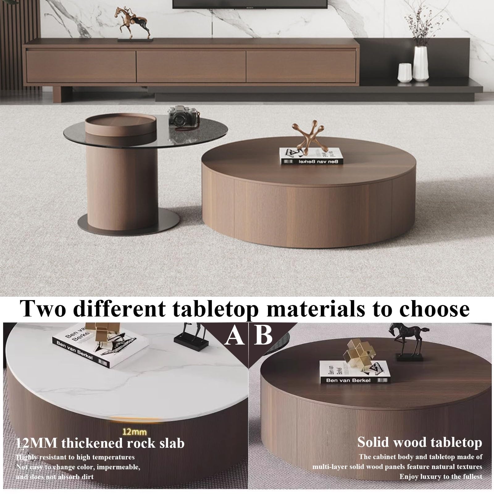 Solid Wood Coffee Table Set with Tempered Glass Top & Side Table