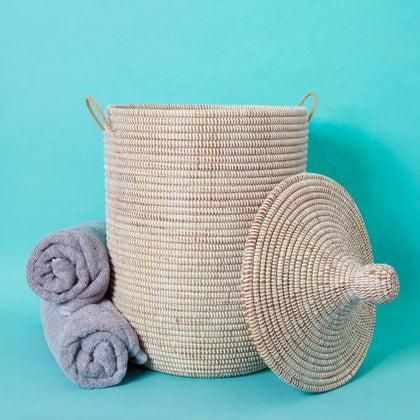 White Wicker Storage Basket with Lid