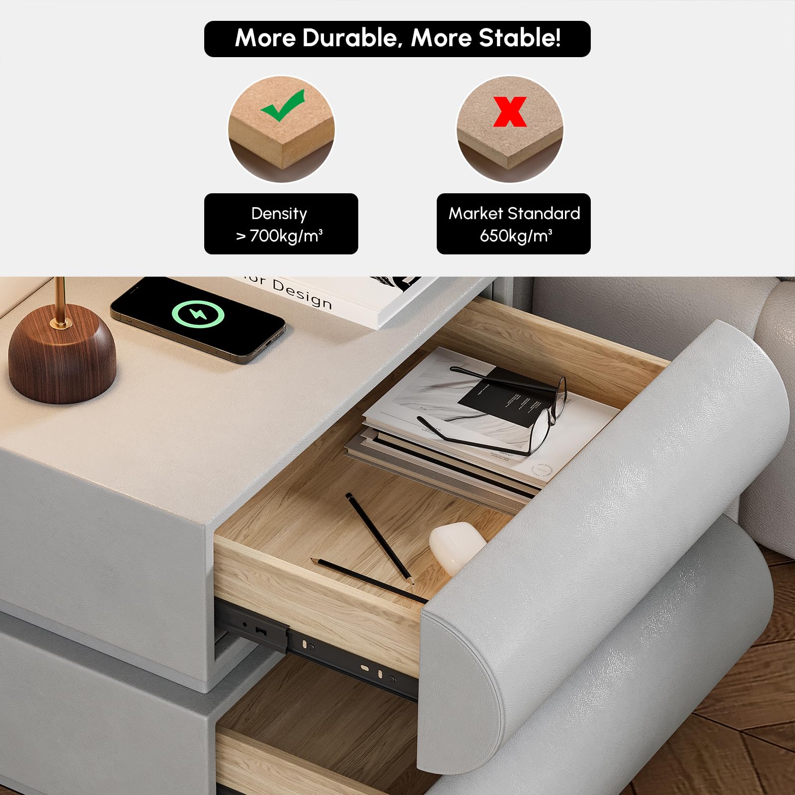 homary Modern Nightstand with 2 Drawers, Tile End Table for Living Room in Gold Finish Square Bedside Table