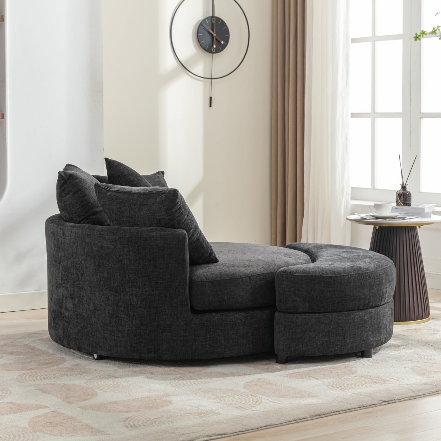 360° Accent Barrel Chair with Storage Ottoman & 4 Pillows, Gray