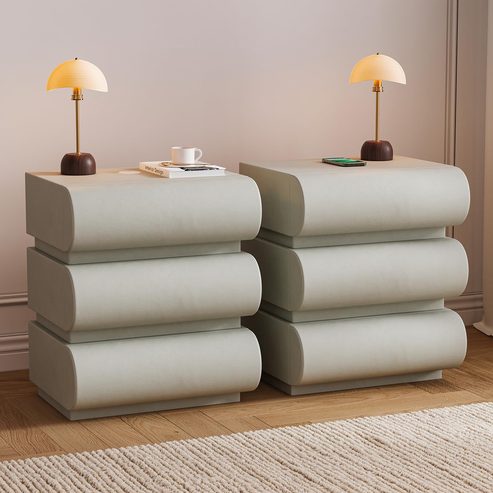 homary Modern Nightstand with 2 Drawers, Tile End Table for Living Room in Gold Finish Square Bedside Table