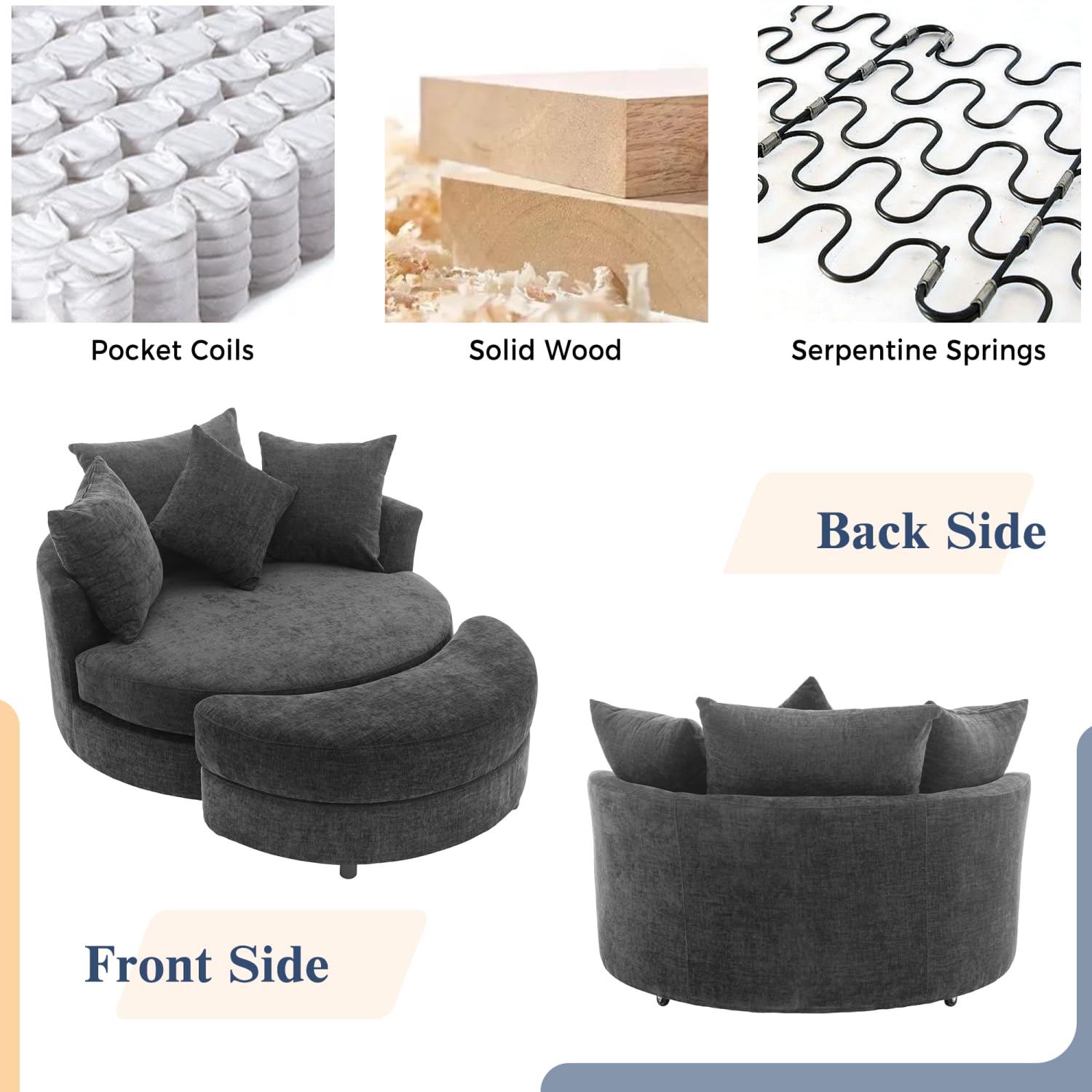 360° Accent Barrel Chair with Storage Ottoman & 4 Pillows, Gray