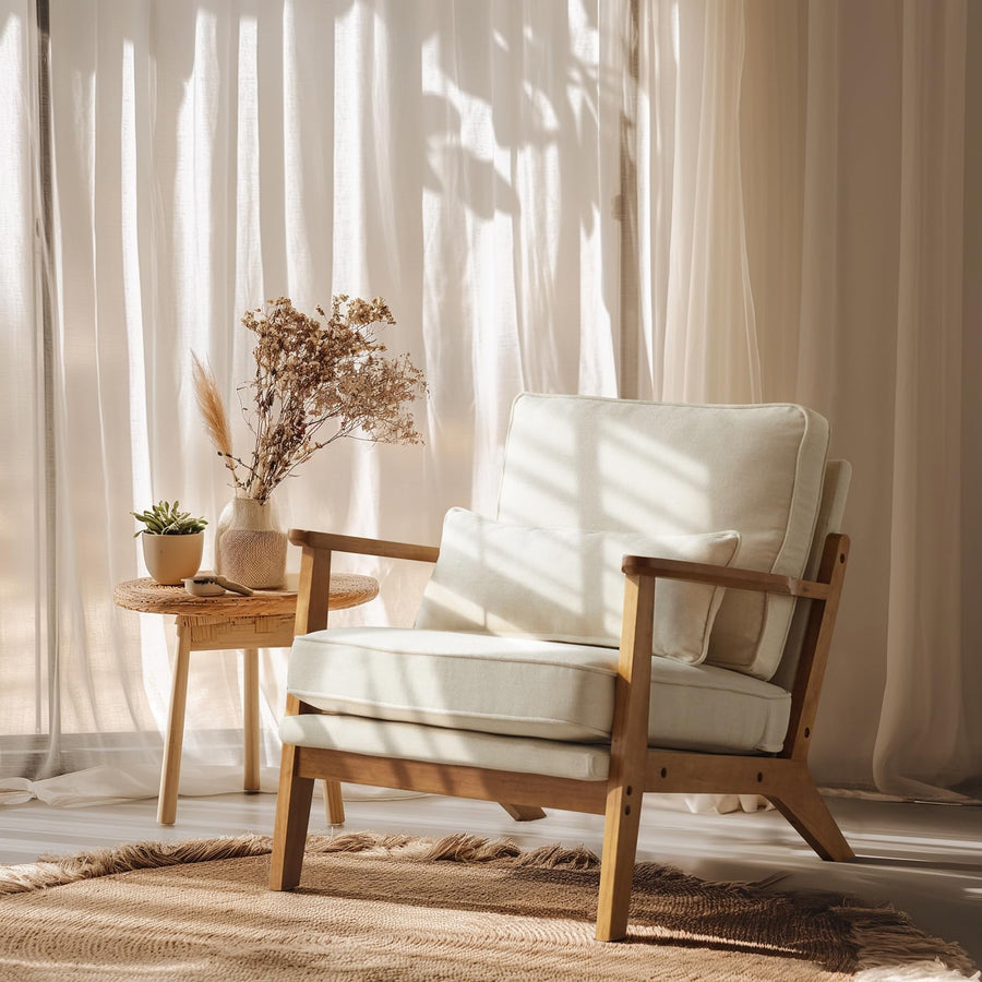 Mid-Century Accent Chair with Solid Wood Armrests