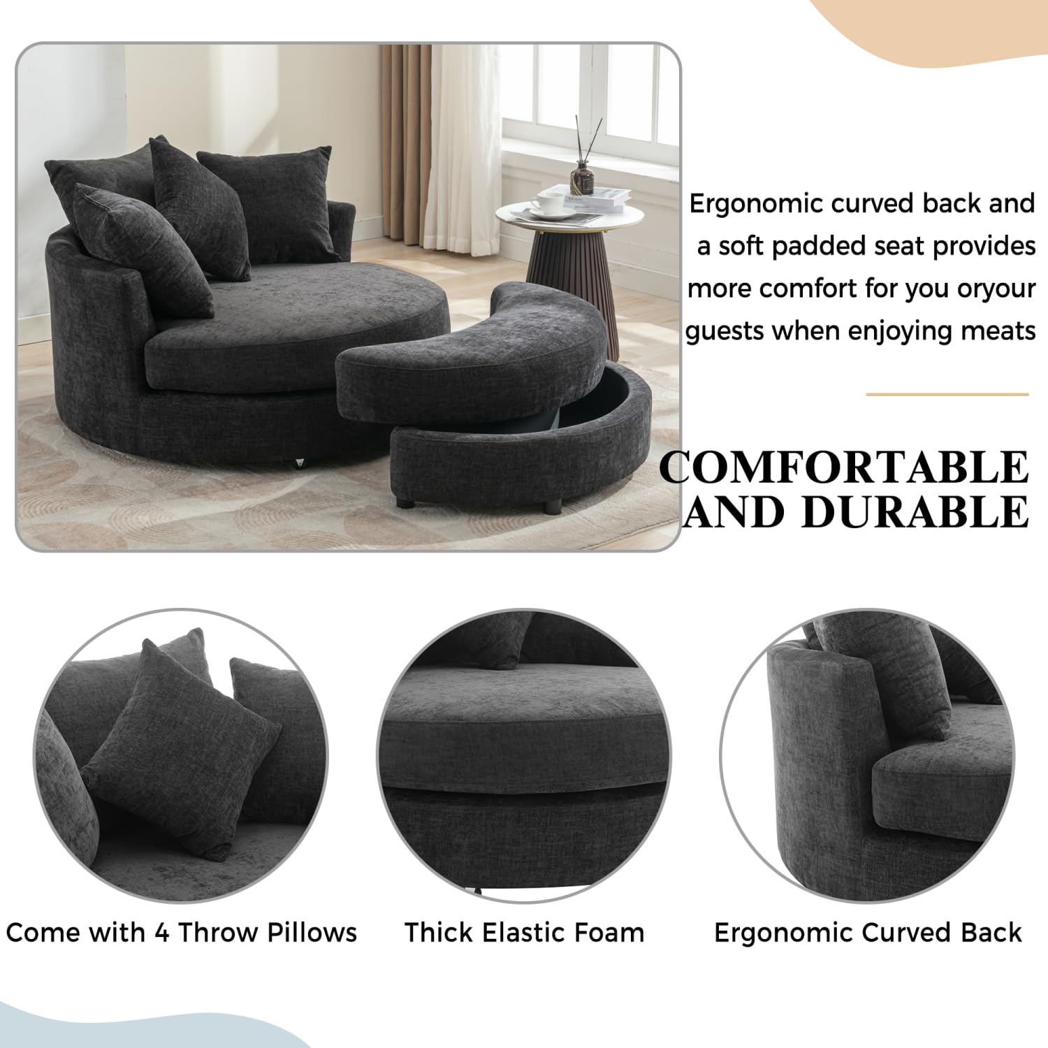 360° Accent Barrel Chair with Storage Ottoman & 4 Pillows, Gray