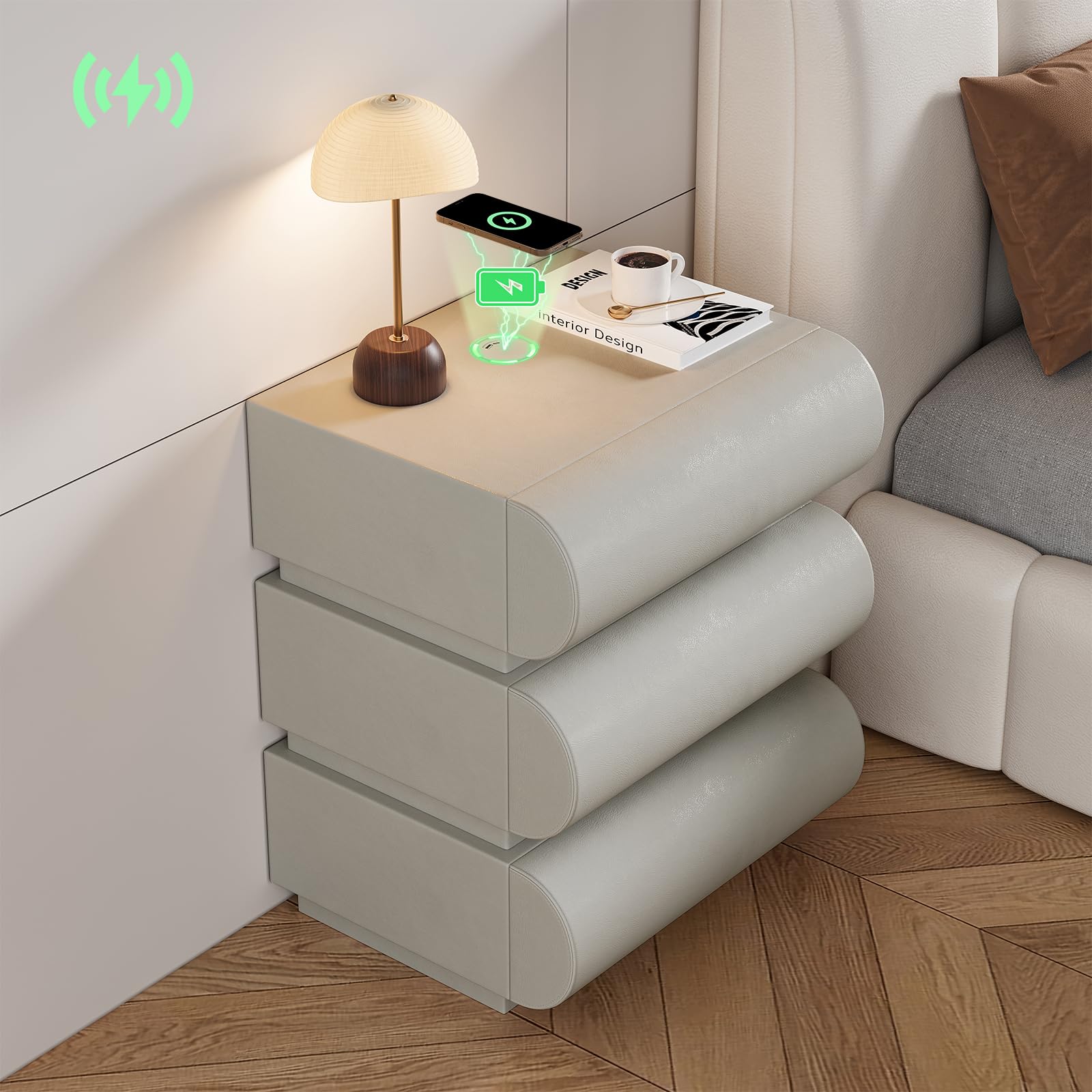 homary Modern Nightstand with 2 Drawers, Tile End Table for Living Room in Gold Finish Square Bedside Table