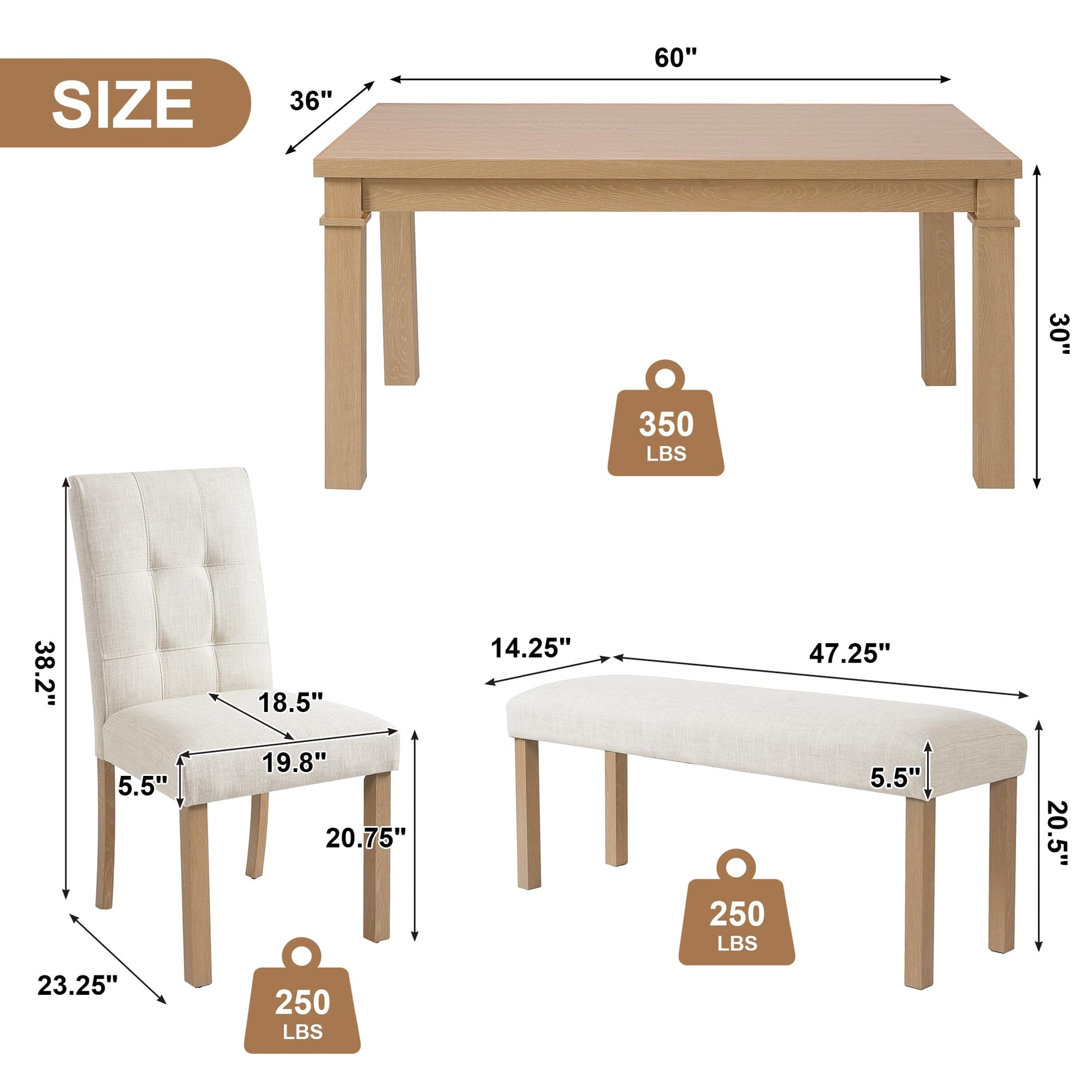 6-Piece Dining Table Set with 4 Upholstered Chairs & Bench
