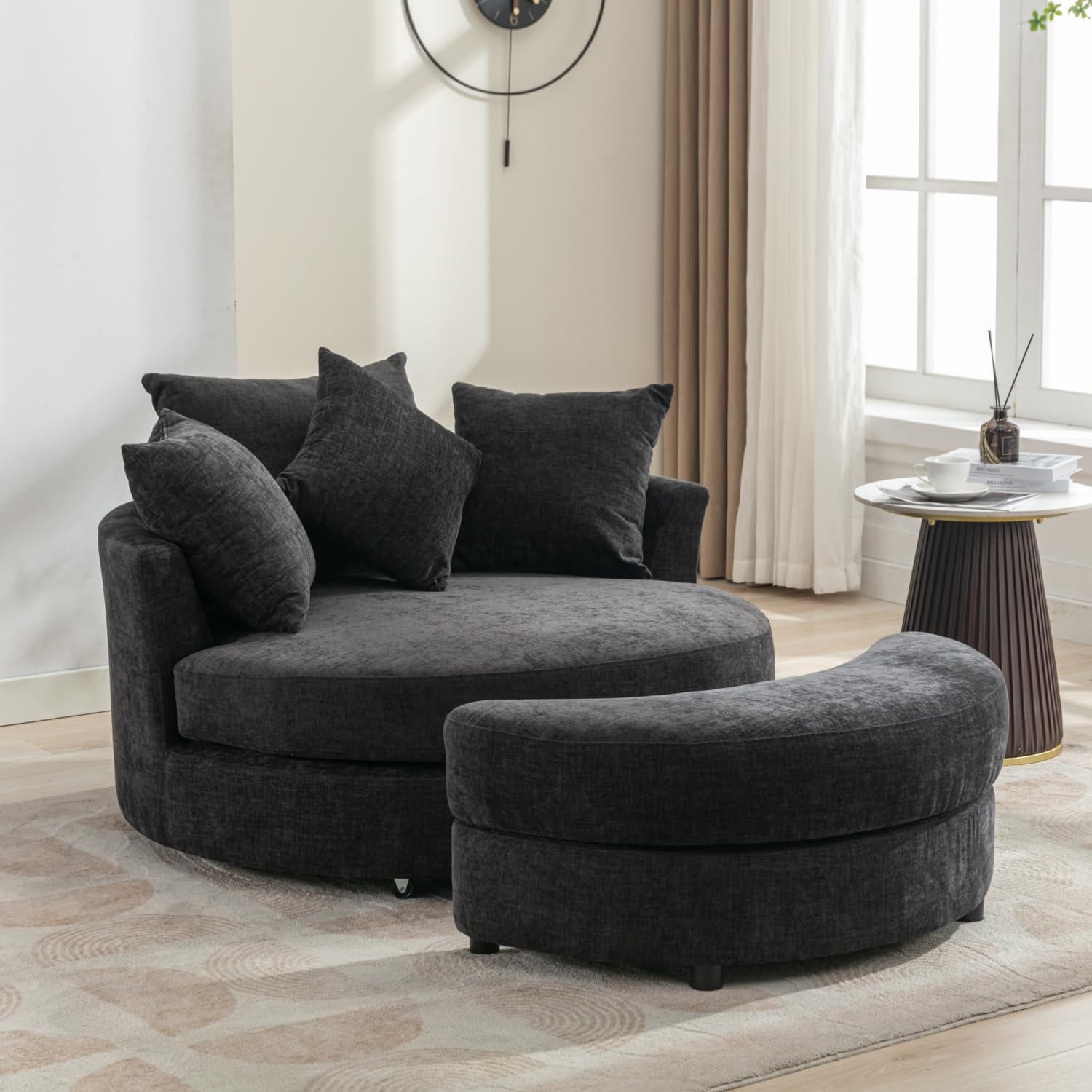 360° Accent Barrel Chair with Storage Ottoman & 4 Pillows, Gray