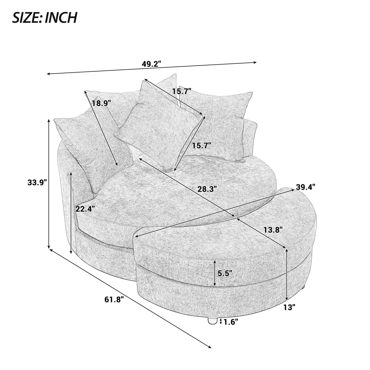 360° Accent Barrel Chair with Storage Ottoman & 4 Pillows, Gray