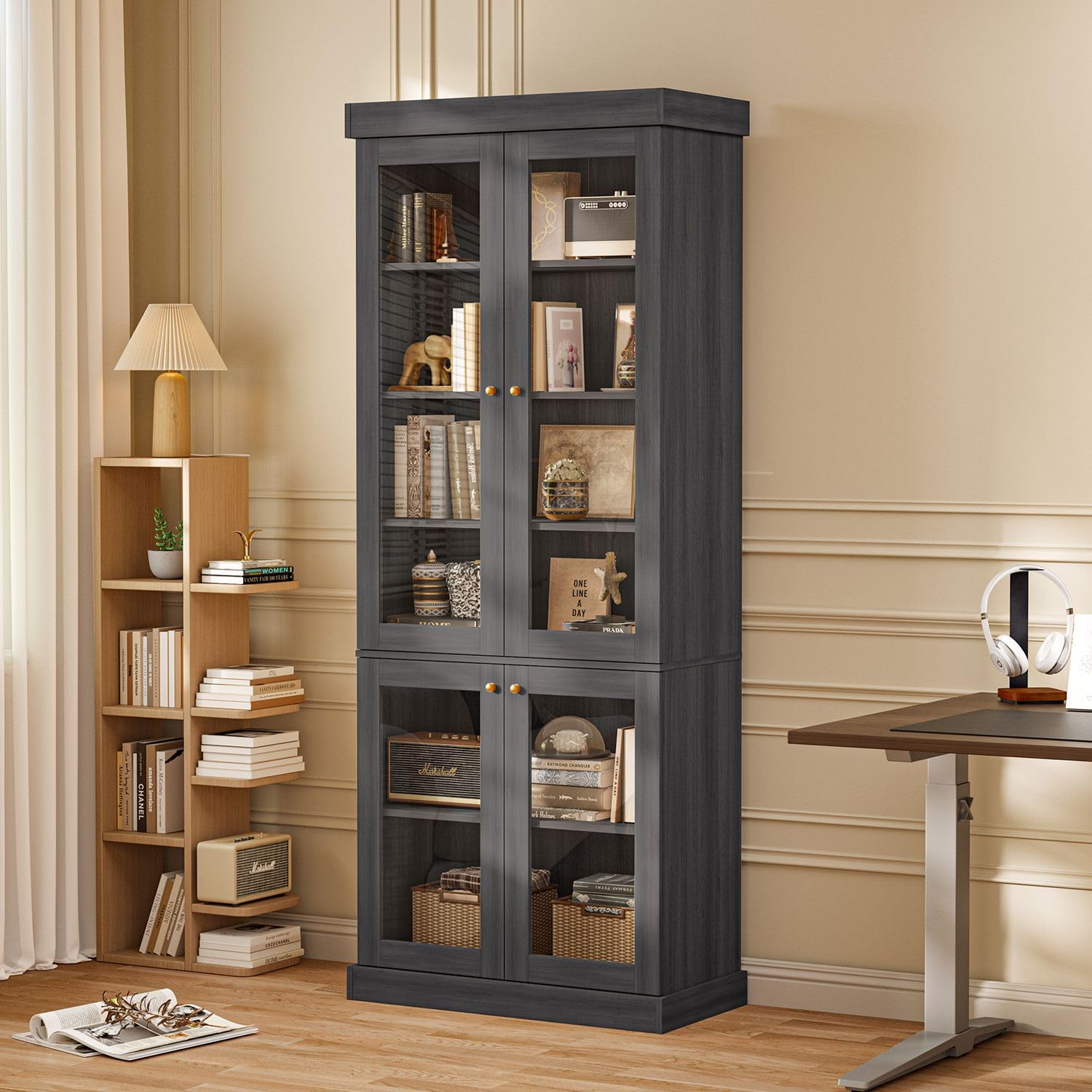 Vyre 70.8" Tall Farmhouse Bookshelf with Glass Doors-260513