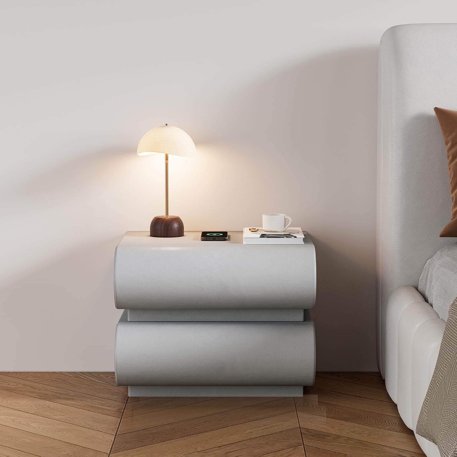 homary Modern Nightstand with 2 Drawers, Tile End Table for Living Room in Gold Finish Square Bedside Table
