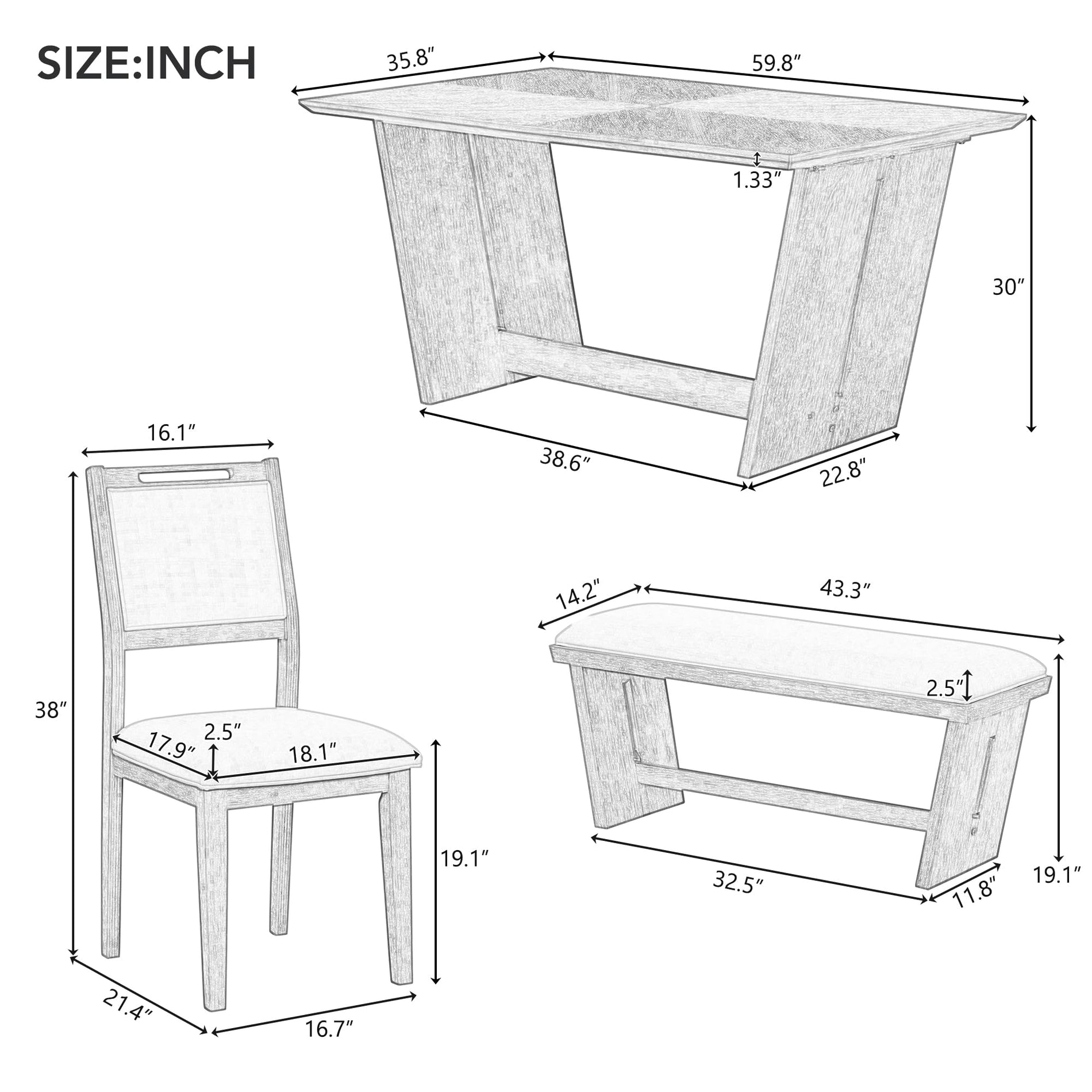 6-Piece Dining Table Set with 4 Chairs & Bench