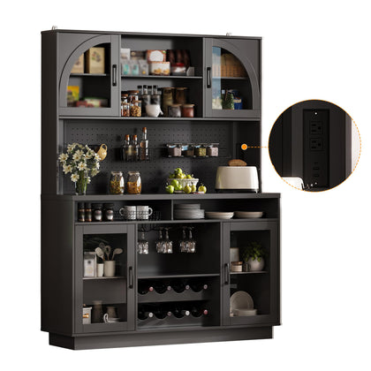 Kitchen Pantry Cabinet with Charging Station, LED Lights & Wine Rack