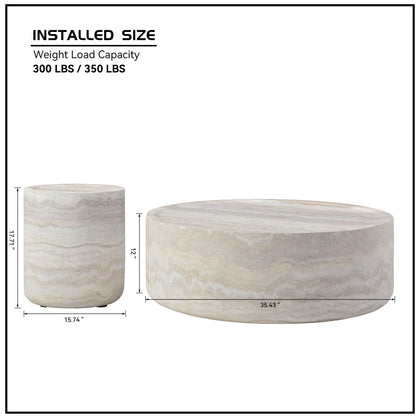 Set of 2 Faux Travertine Round Coffee & Side Tables
