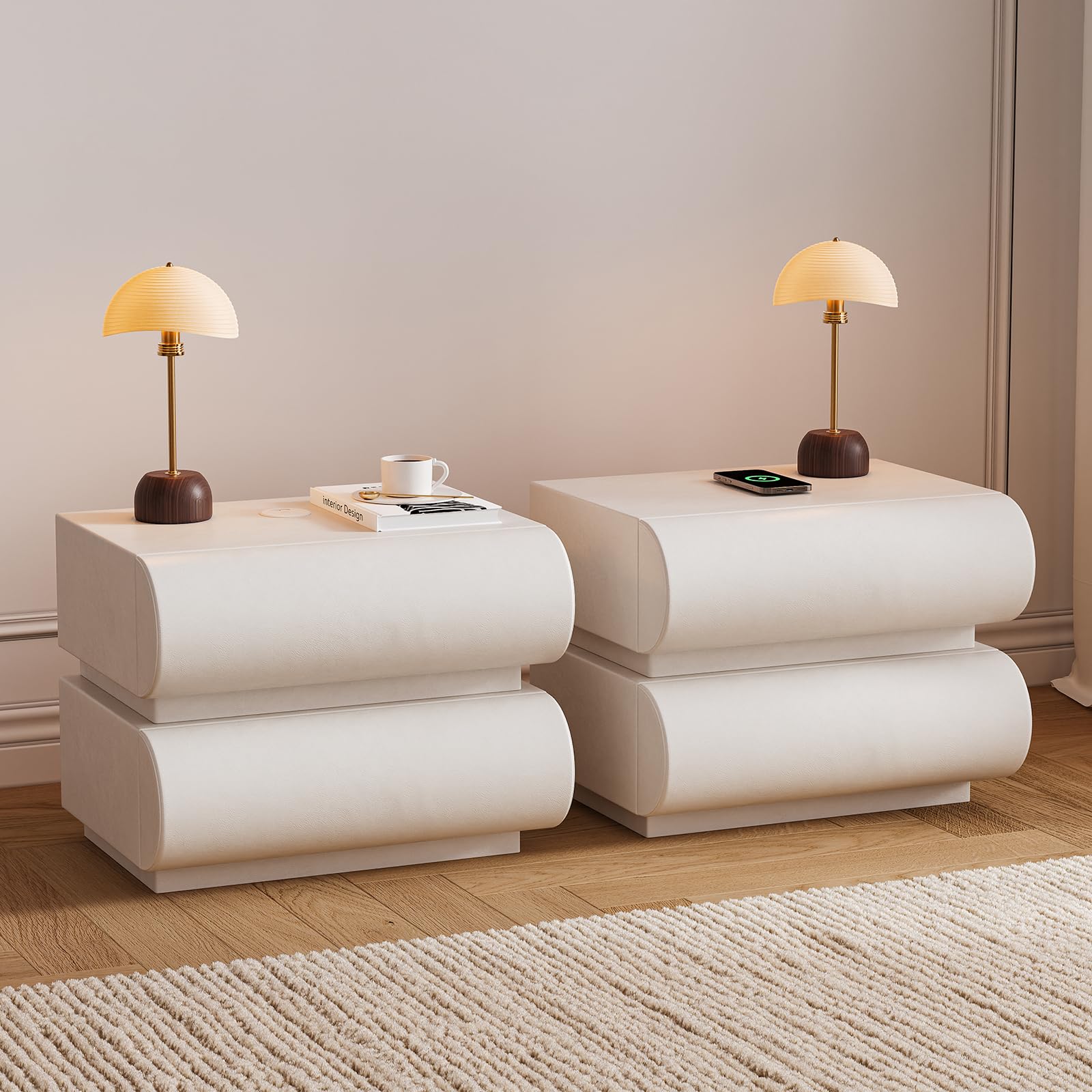 homary Modern Nightstand with 2 Drawers, Tile End Table for Living Room in Gold Finish Square Bedside Table