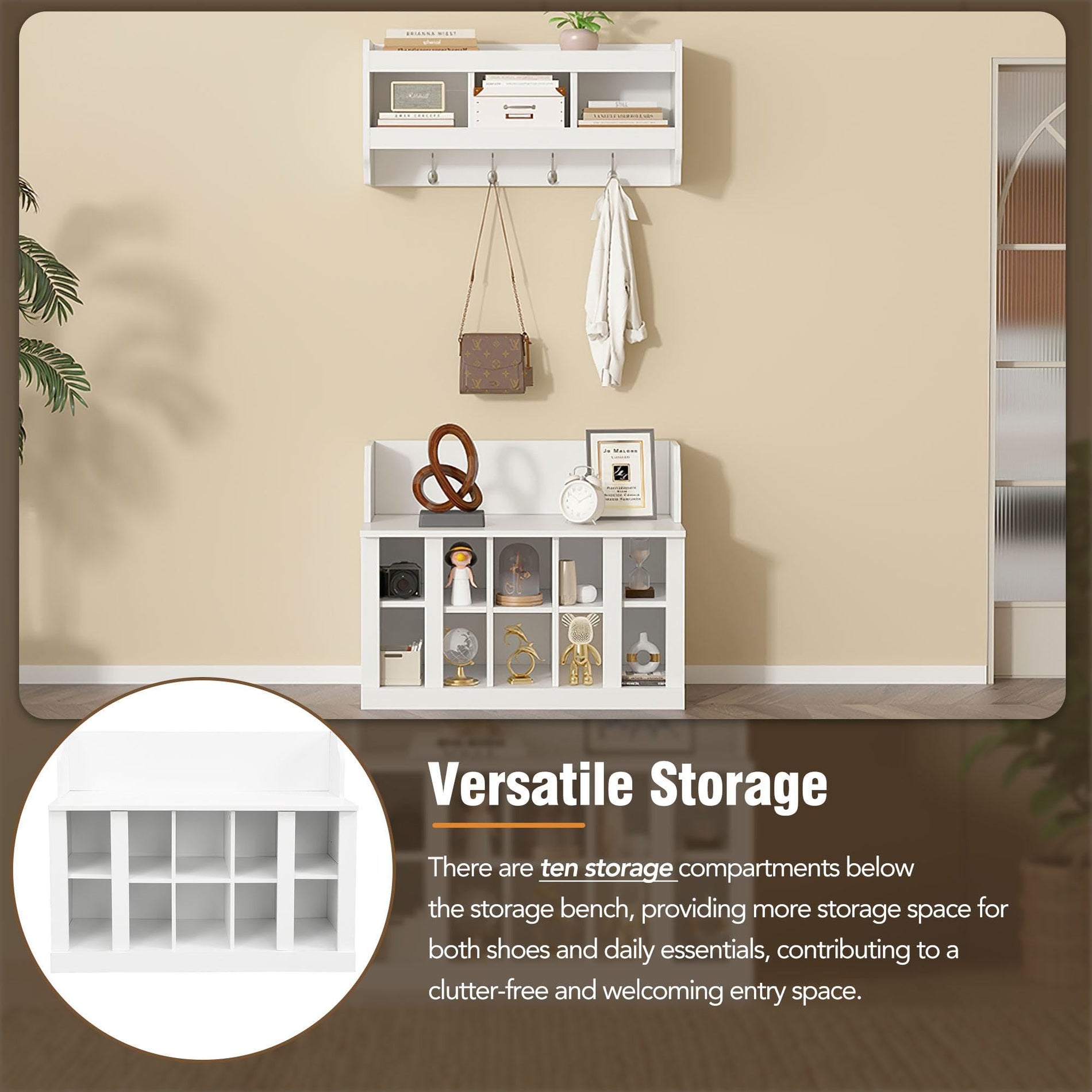 Entryway Shoe Cabinet with Coat Rack & Hooks