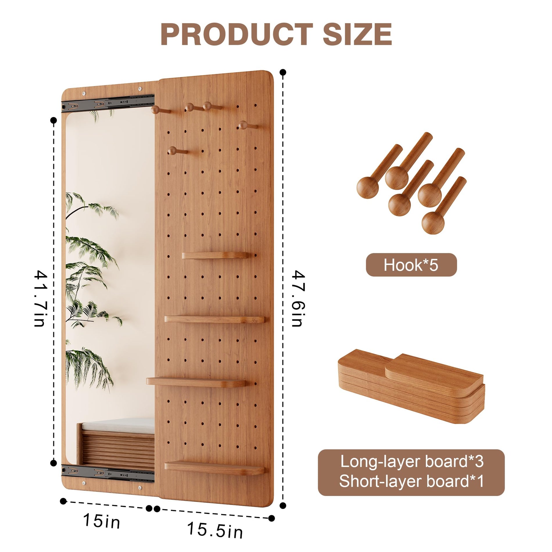 Wall-Mounted Full-Length Mirror with Shelves & Hooks
