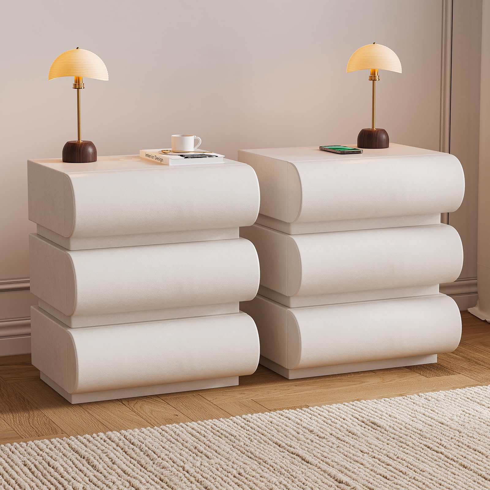 homary Modern Nightstand with 2 Drawers, Tile End Table for Living Room in Gold Finish Square Bedside Table