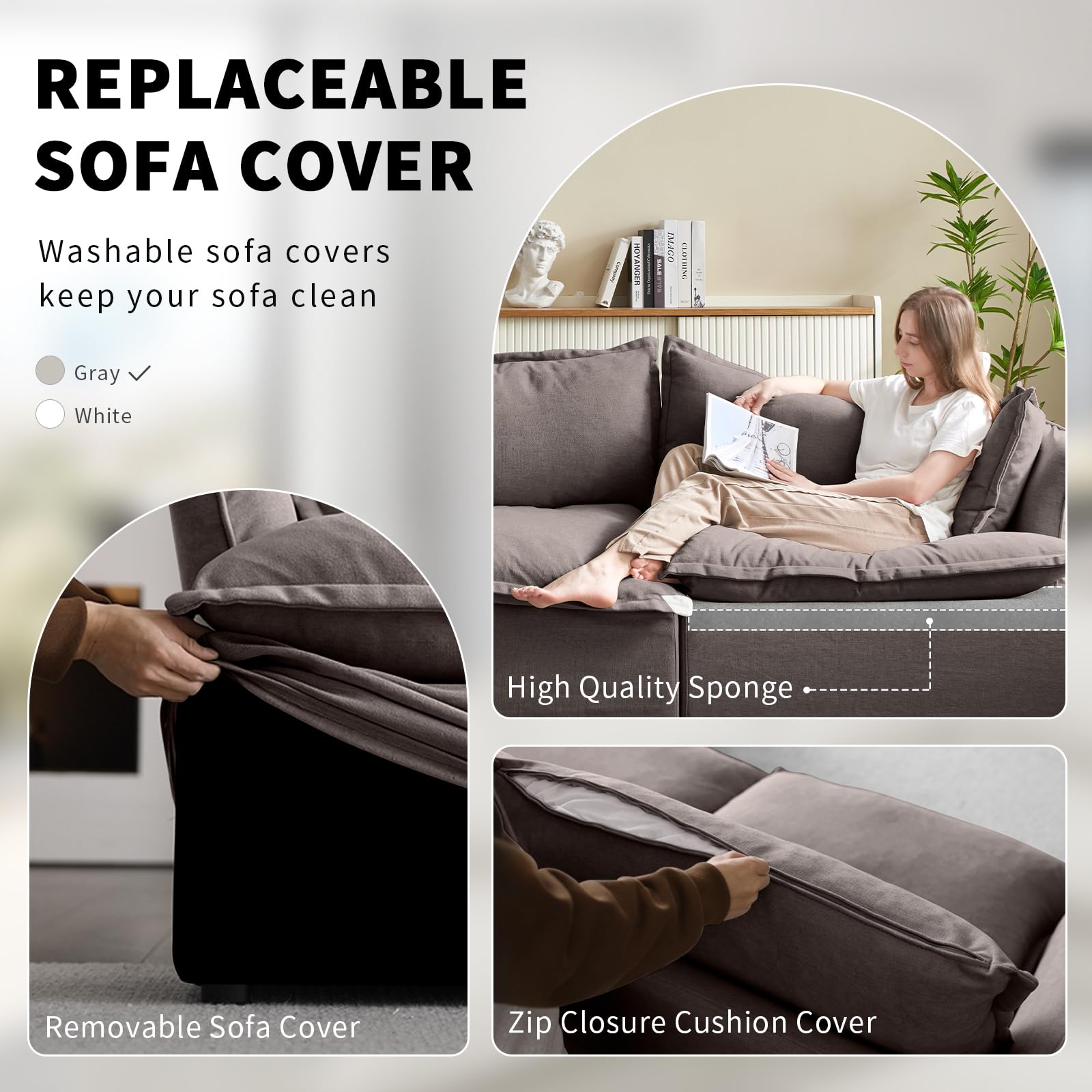Modular Linen Sectional Sofa with Deep Seats & Removable Covers