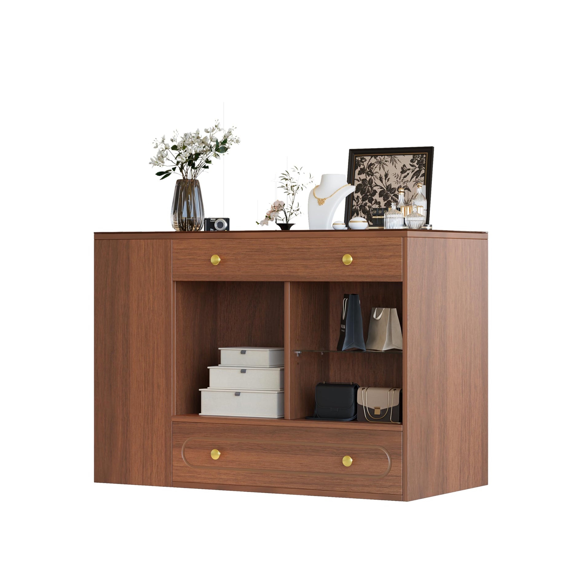 Closet Island with Glass Top, 6 Drawers & Open Shelves