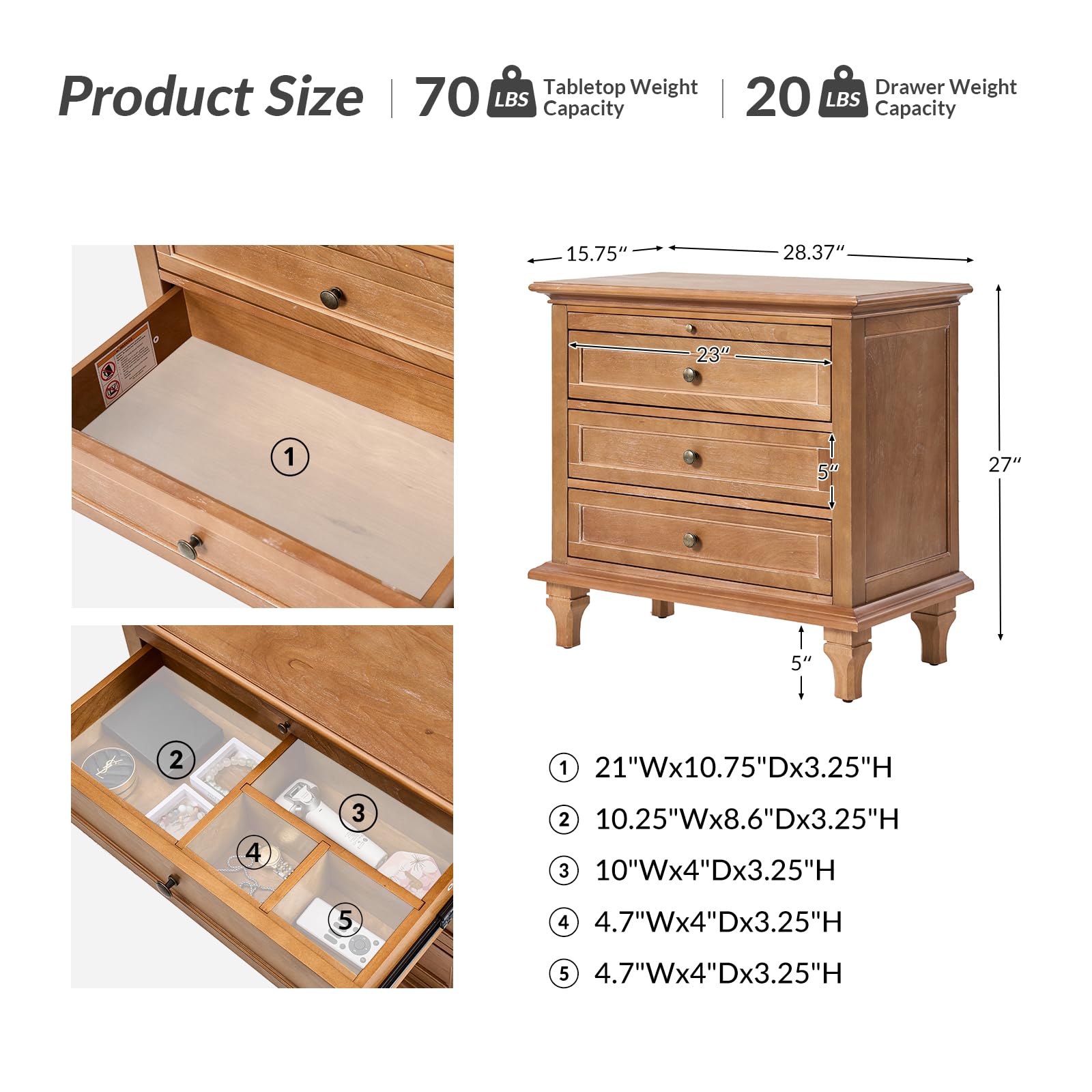 Farmhouse End Table with Charging Station & 3 Drawers