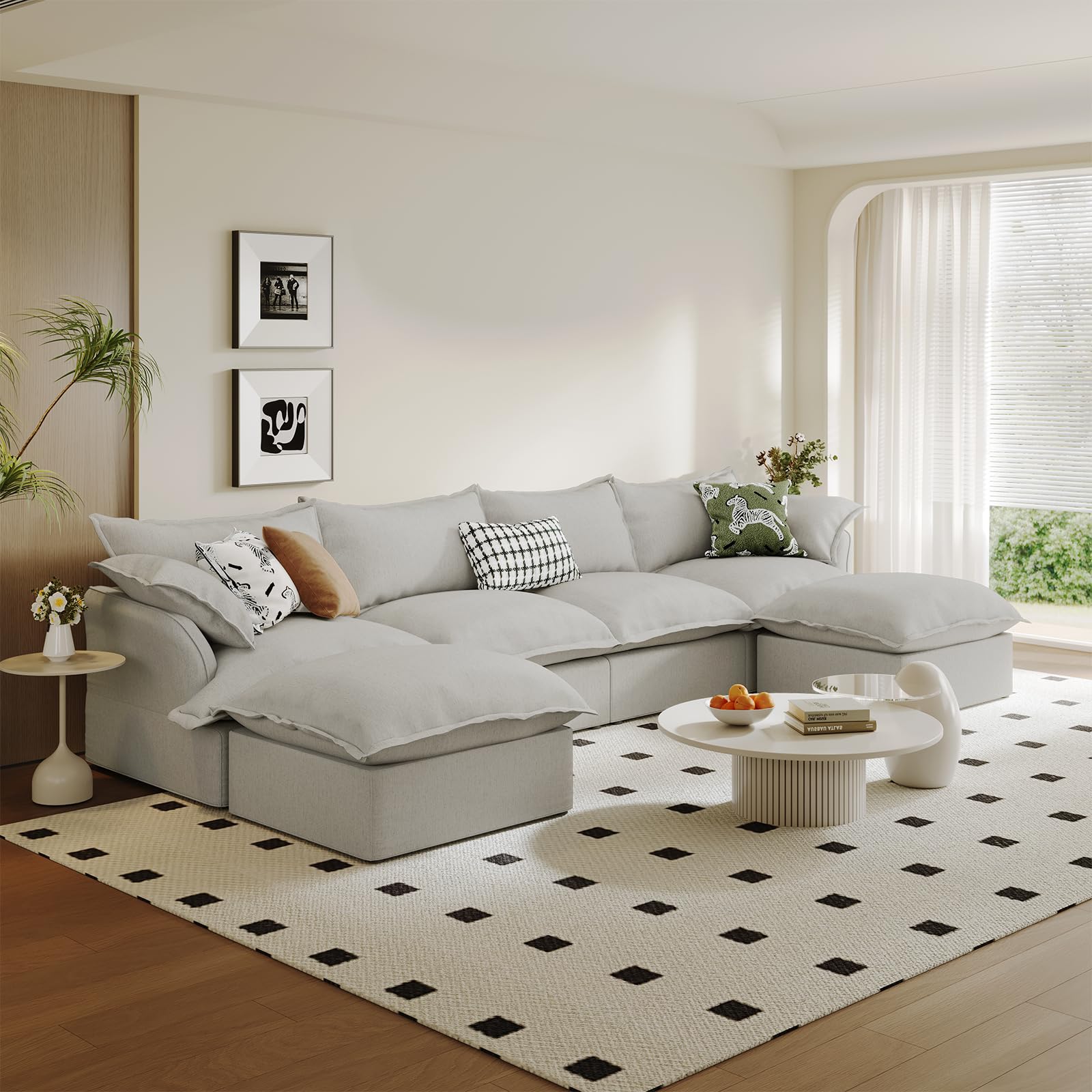 Modular Linen Sectional Sofa with Deep Seats & Removable Covers