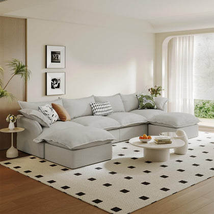Modular Linen Sectional Sofa with Deep Seats & Removable Covers