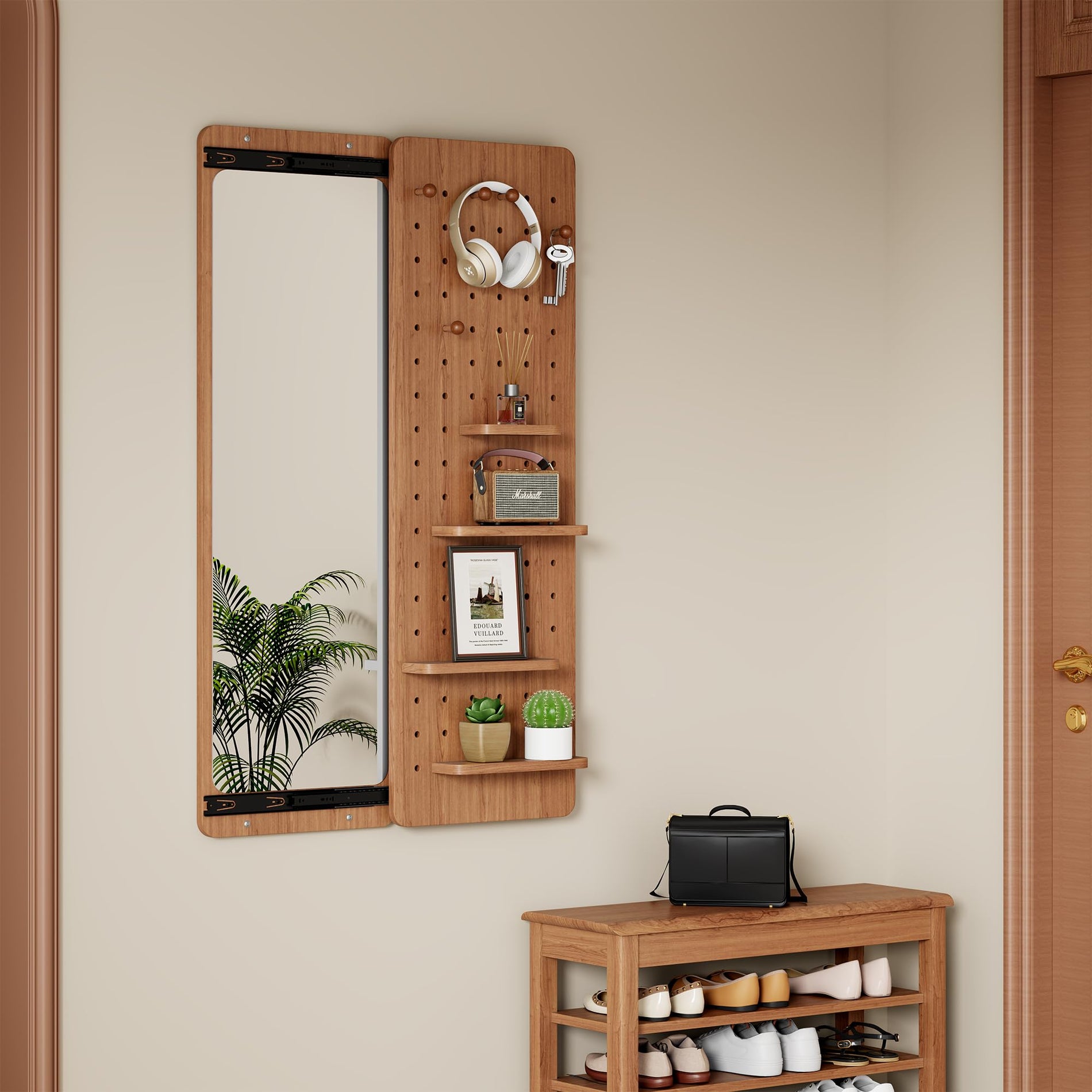 Wall-Mounted Full-Length Mirror with Shelves & Hooks