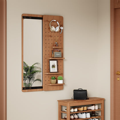 Wall-Mounted Full-Length Mirror with Shelves & Hooks