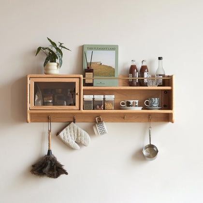 Solid Wood Wall Cabinet with Glass Doors & Hooks