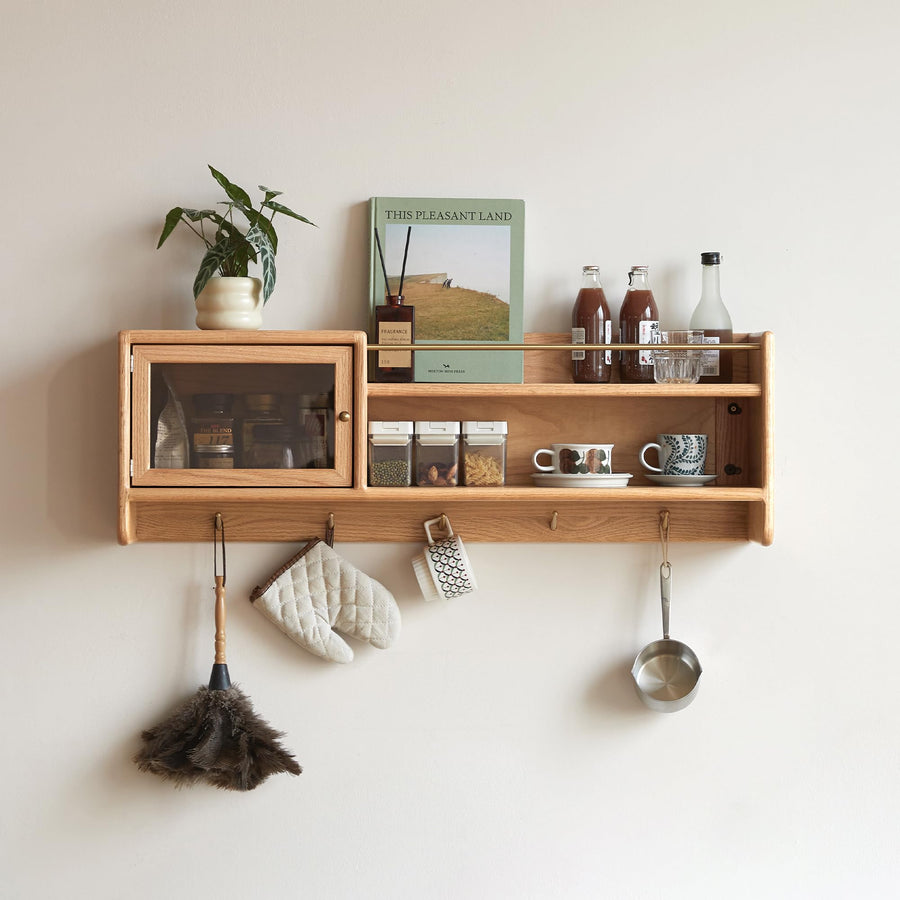 Solid Wood Wall Cabinet with Glass Doors & Hooks