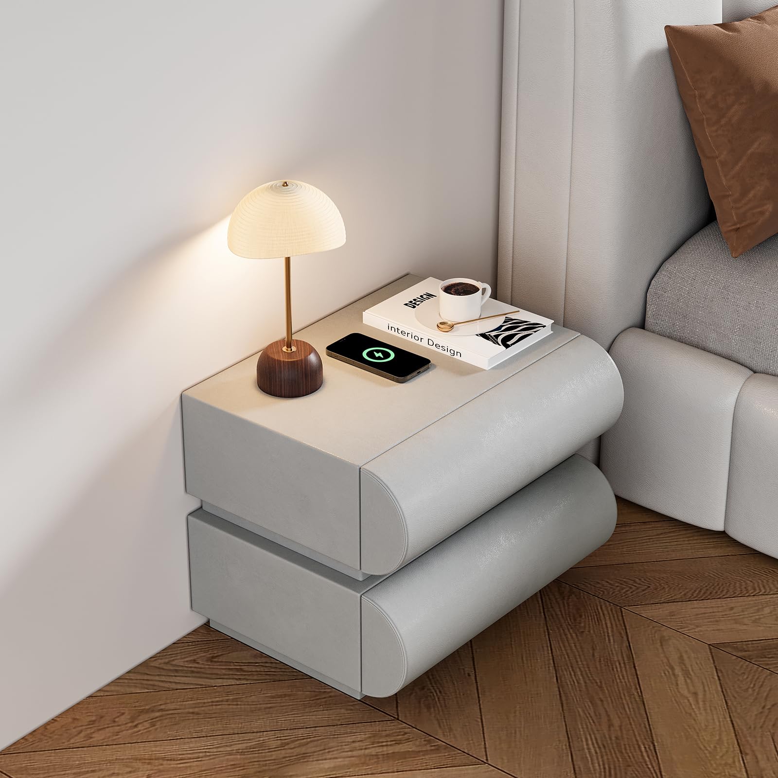 homary Modern Nightstand with 2 Drawers, Tile End Table for Living Room in Gold Finish Square Bedside Table