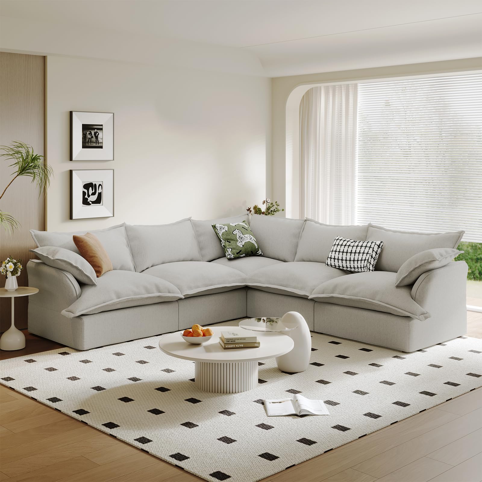 Modular Linen Sectional Sofa with Deep Seats & Removable Covers