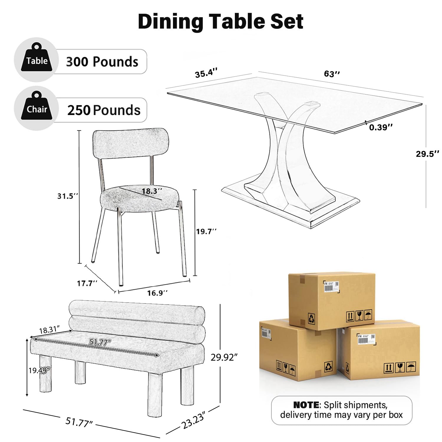 Glass Dining Table Set with Bouclé Chairs & Bench