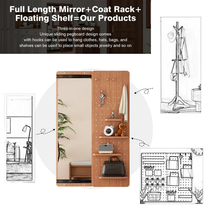Wall-Mounted Full-Length Mirror with Shelves & Hooks