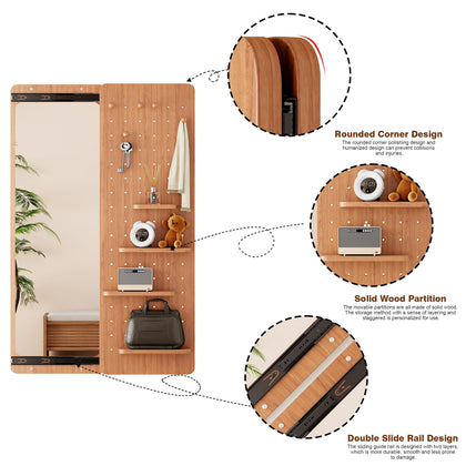 Wall-Mounted Full-Length Mirror with Shelves & Hooks