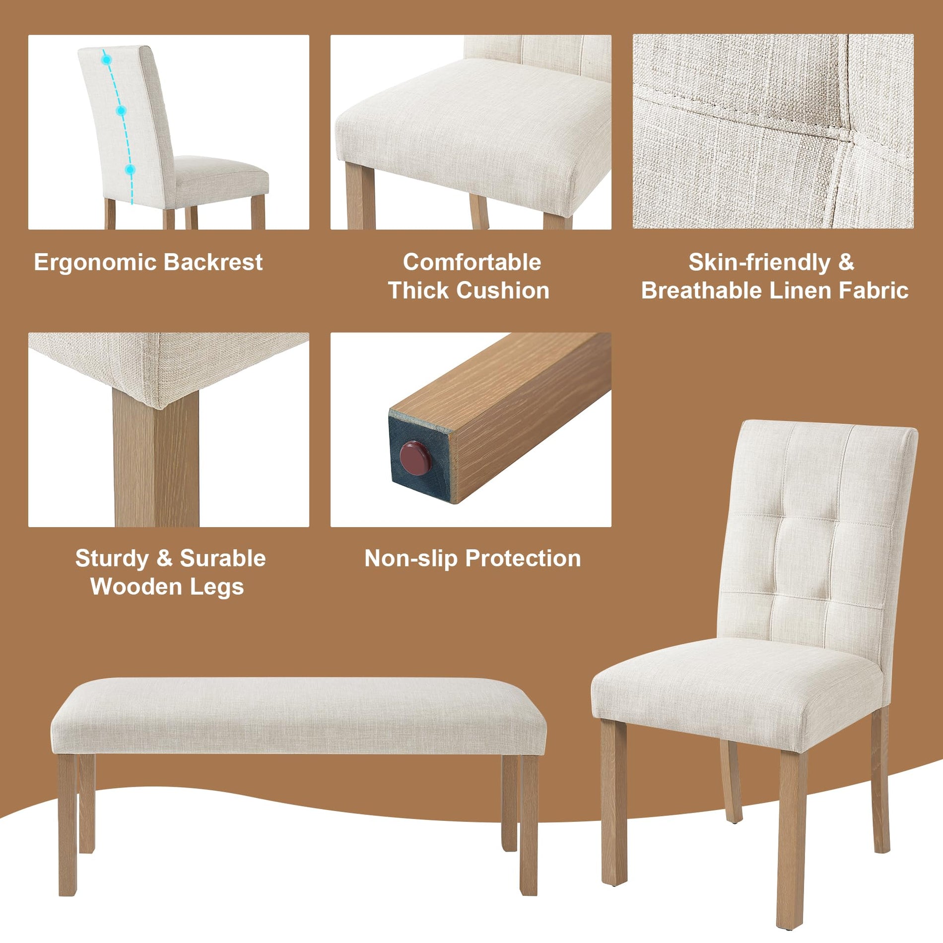 6-Piece Dining Table Set with 4 Upholstered Chairs & Bench