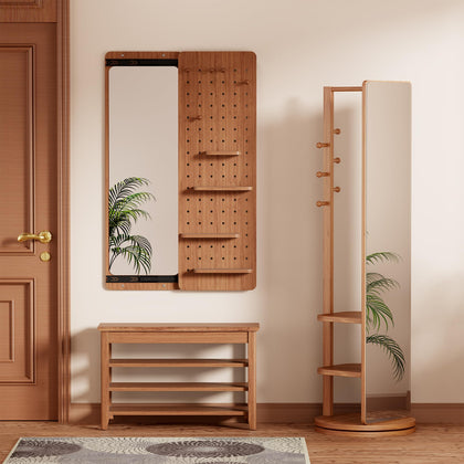 Wall-Mounted Full-Length Mirror with Shelves & Hooks