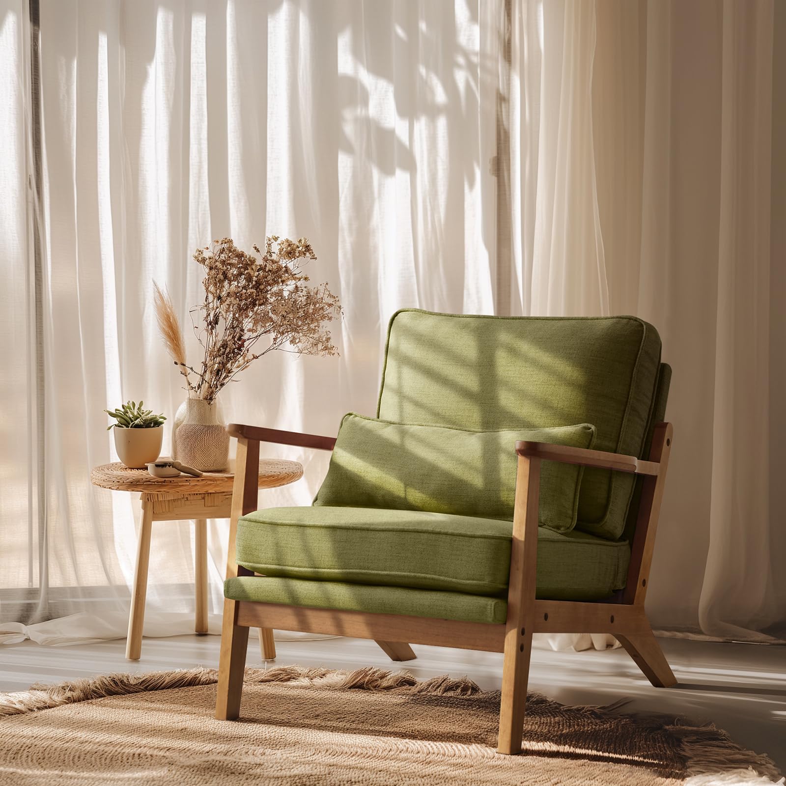 Mid-Century Accent Chair with Solid Wood Armrests