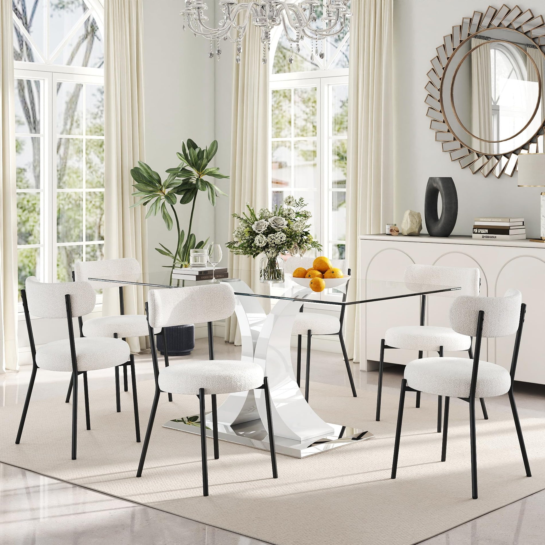 Glass Dining Table Set with Bouclé Chairs & Bench