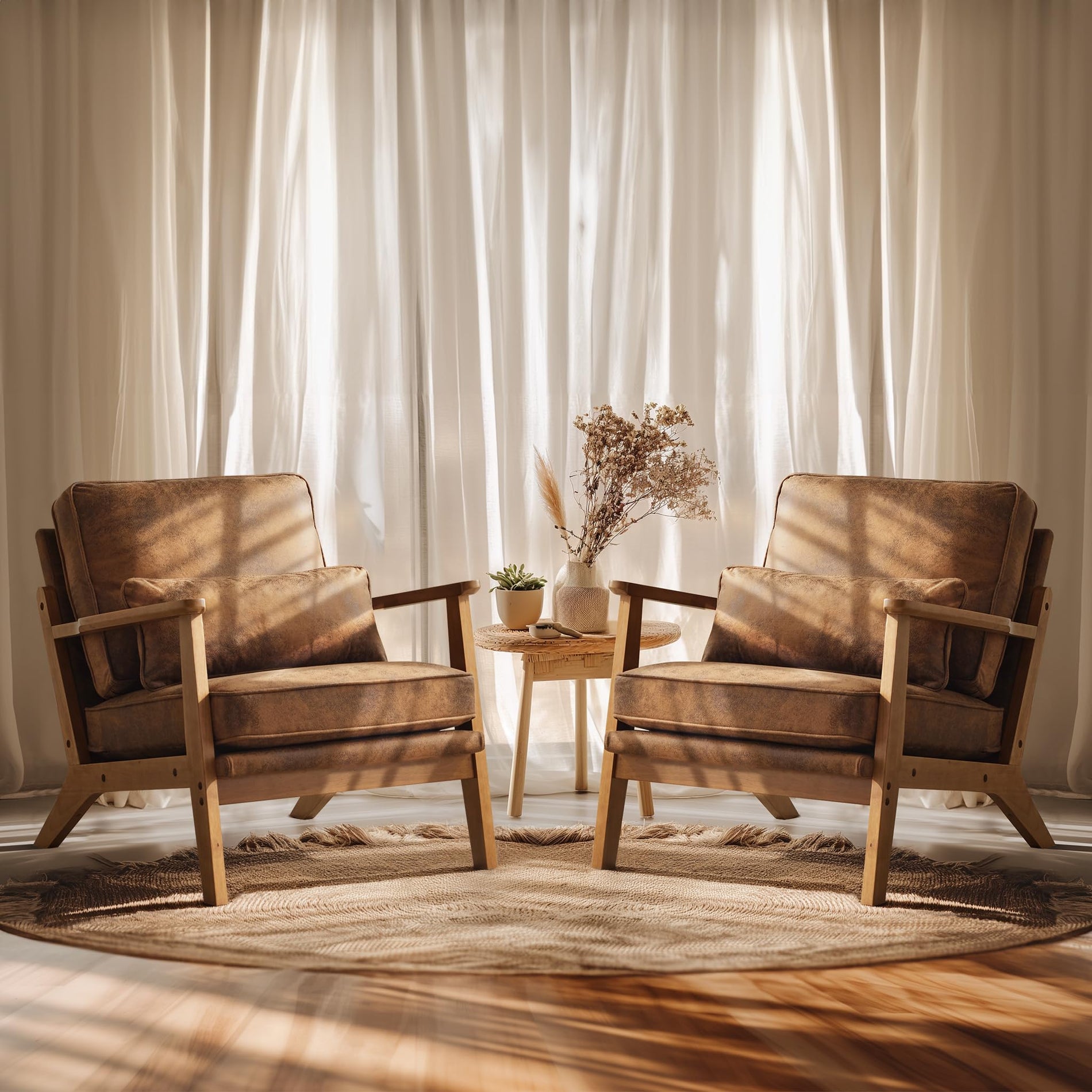 Mid-Century Accent Chair with Solid Wood Armrests