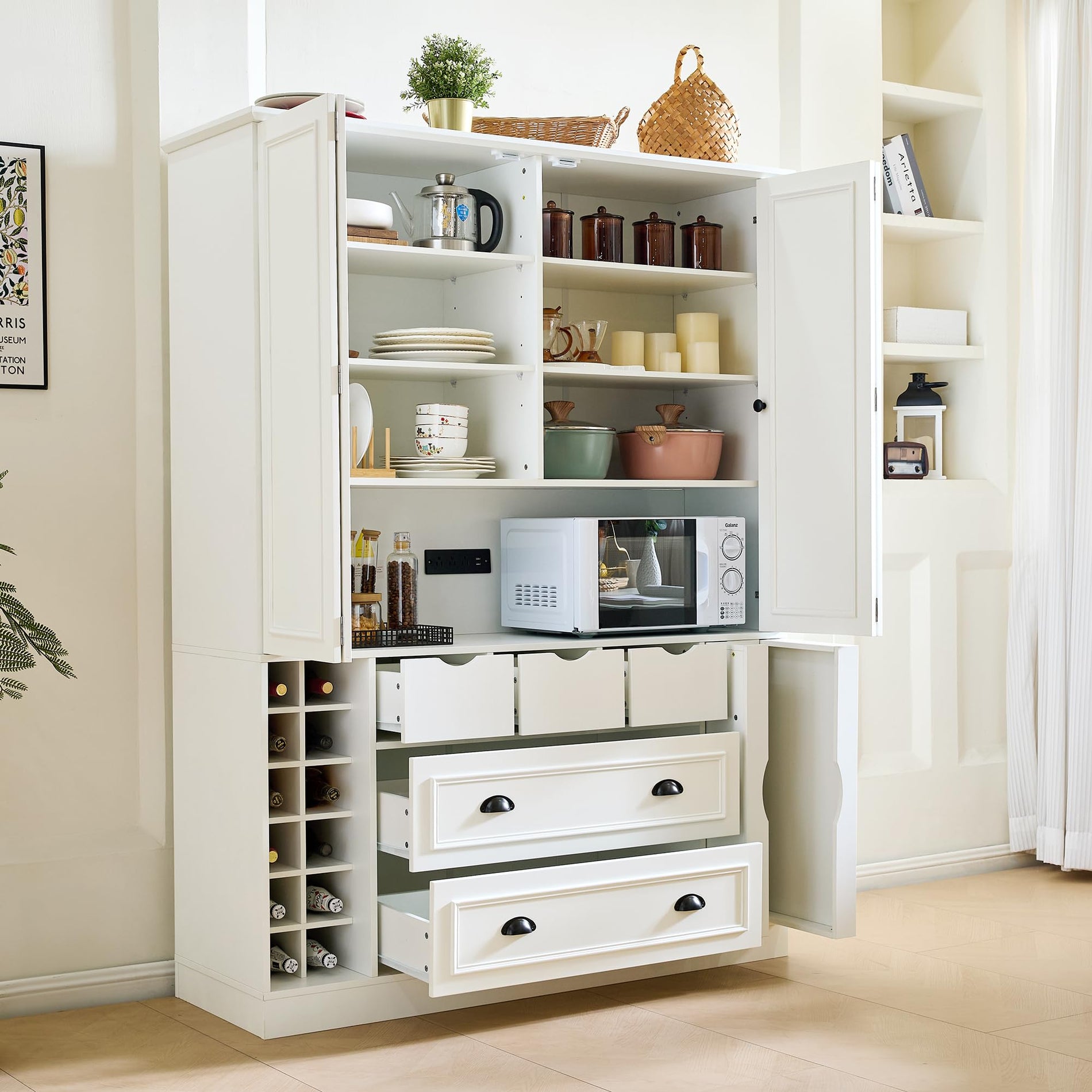 Farmhouse Pantry Cabinet with Pull-Out Trays & Drawers